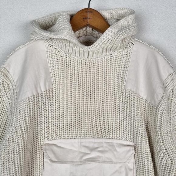 Mango Women’s XS Cropped Hooded Cable Knit Patchwork Sweater Cream Front Pocket - Picture 3 of 9